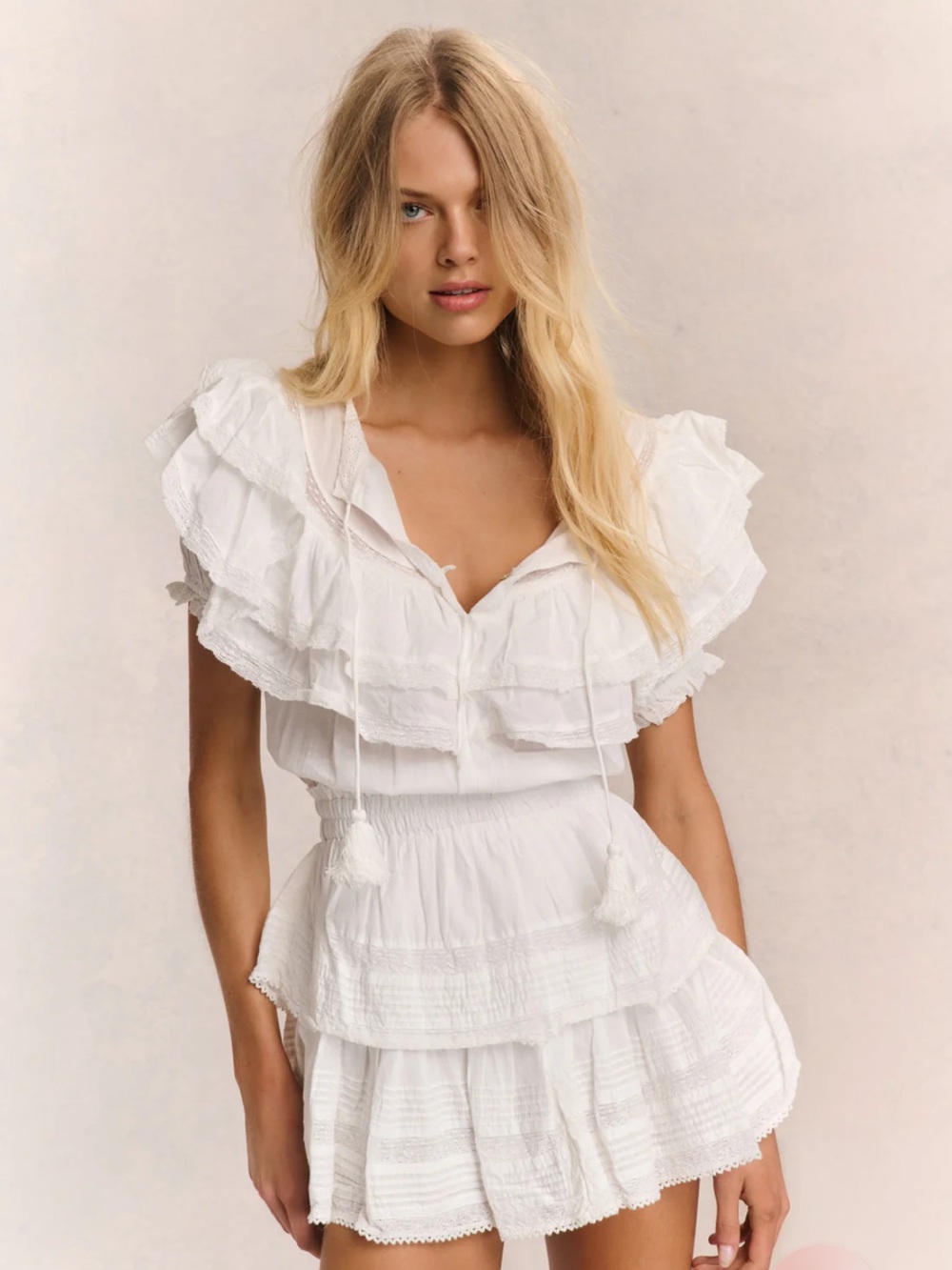LoveShackFancy White Ruffled Cotton Peplum Blouse